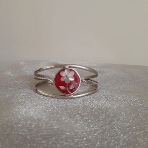 1/2 Price Marked Inlay Flower Bracelet Mexico Sterling, Coral Mother of Pearl